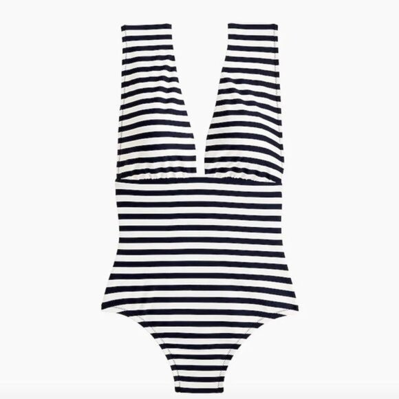 J Crew Plunge V neck One piece Swimsuit in Navy and Ivory Size 0 NWT - Picture 1 of 7